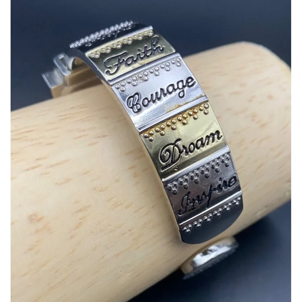 Accutime Womens Cuff Bracelet Watch Two Tone Inspirational Words New Battery